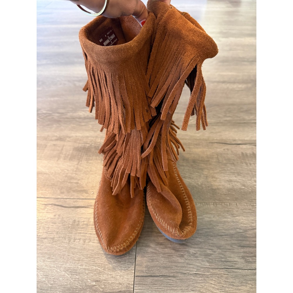 Minnetonka 1632 Womens Brown Suede 3-Layer Fringe Moccasin Boots Size 8